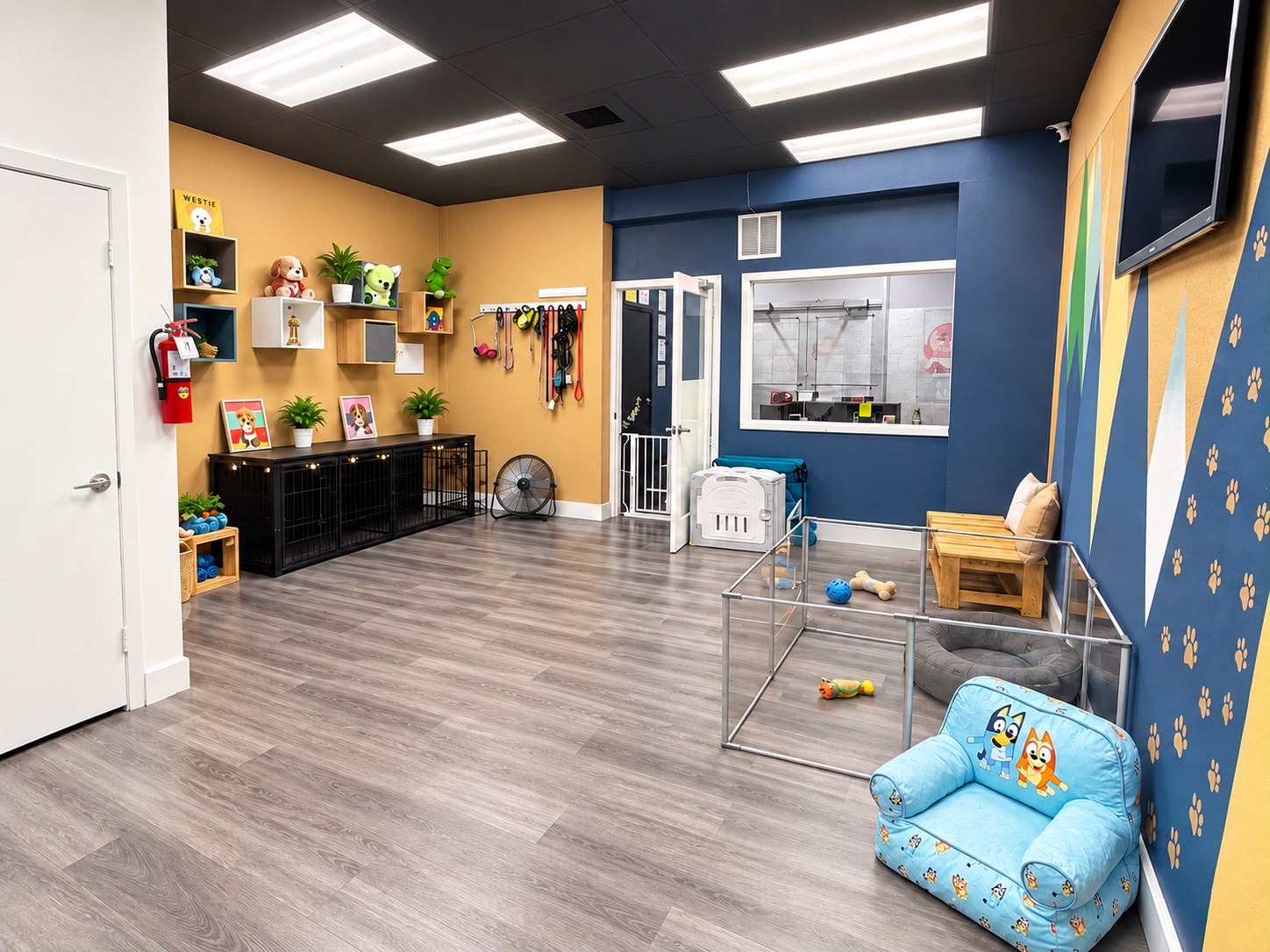 Indoor play room with toys and comfortable seating